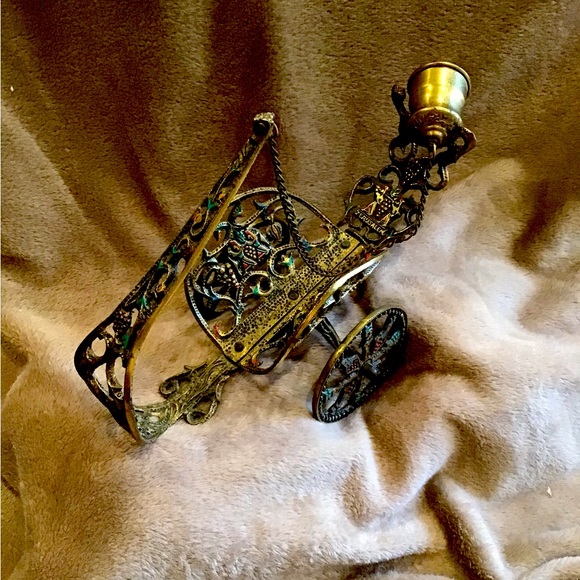 Vintage ornate brass Jerusalem wine bottle holder cart with bell - Main Image